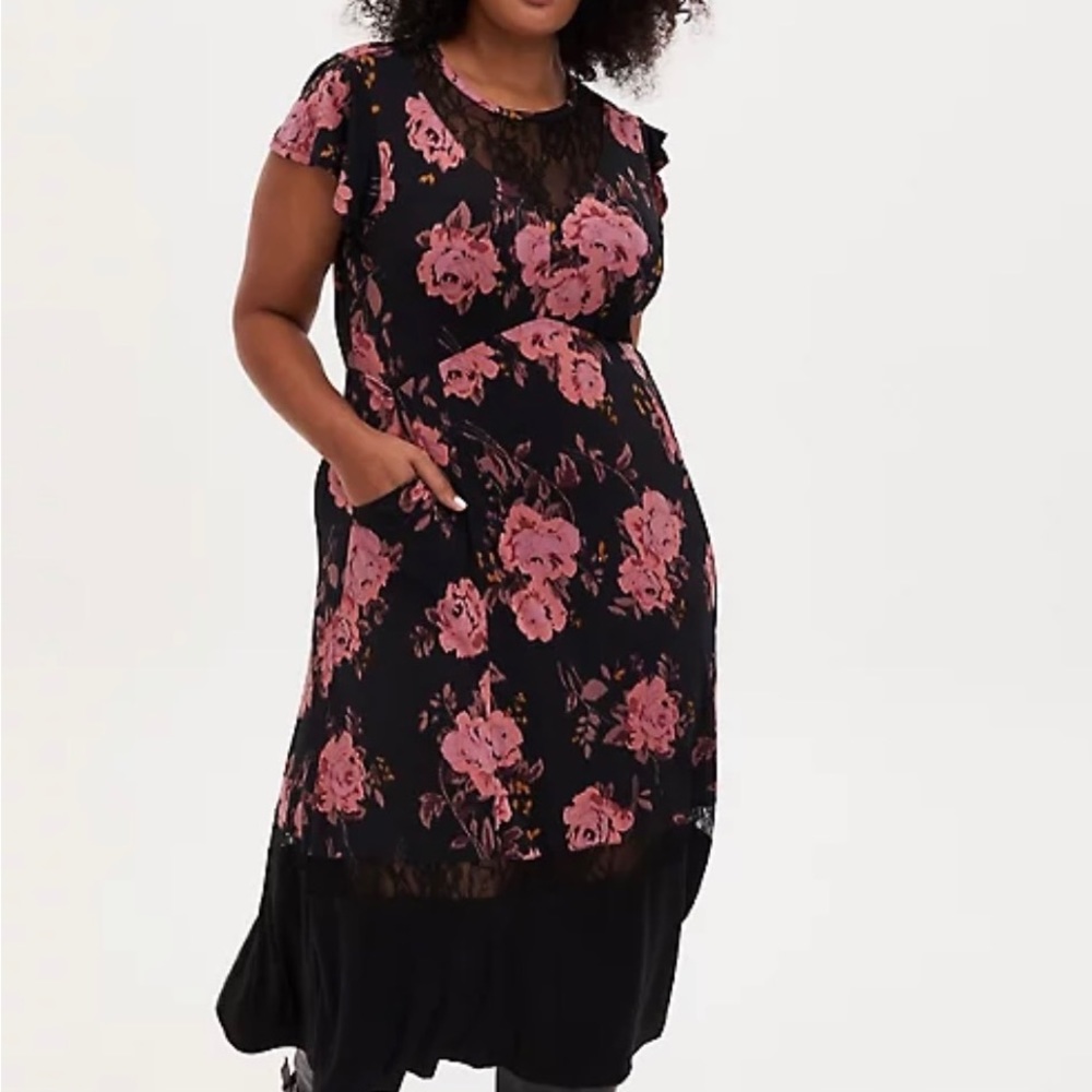 Torrid Floral Studio Lace Trimmed Knit Midi Dress 2